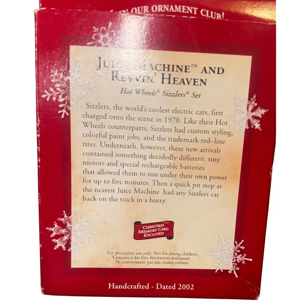 Hallmark 2002 Hot Wheels Sizzlers Juice Machine Revvin Heaven Ornament Set Boxed